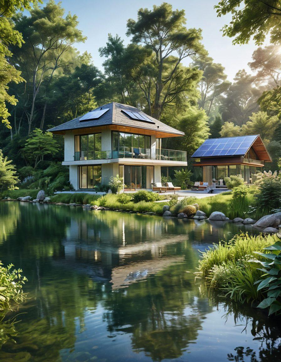 A serene landscape featuring a pristine lake surrounded by lush greenery, with flowing water that sparkles under the sunlight. Include elements of advanced water technology, like solar-powered purification systems and a small eco-friendly home in the background. Illustrate a family enjoying the water, emphasizing health and sustainability. soft colors. super-realistic. nature-inspired.