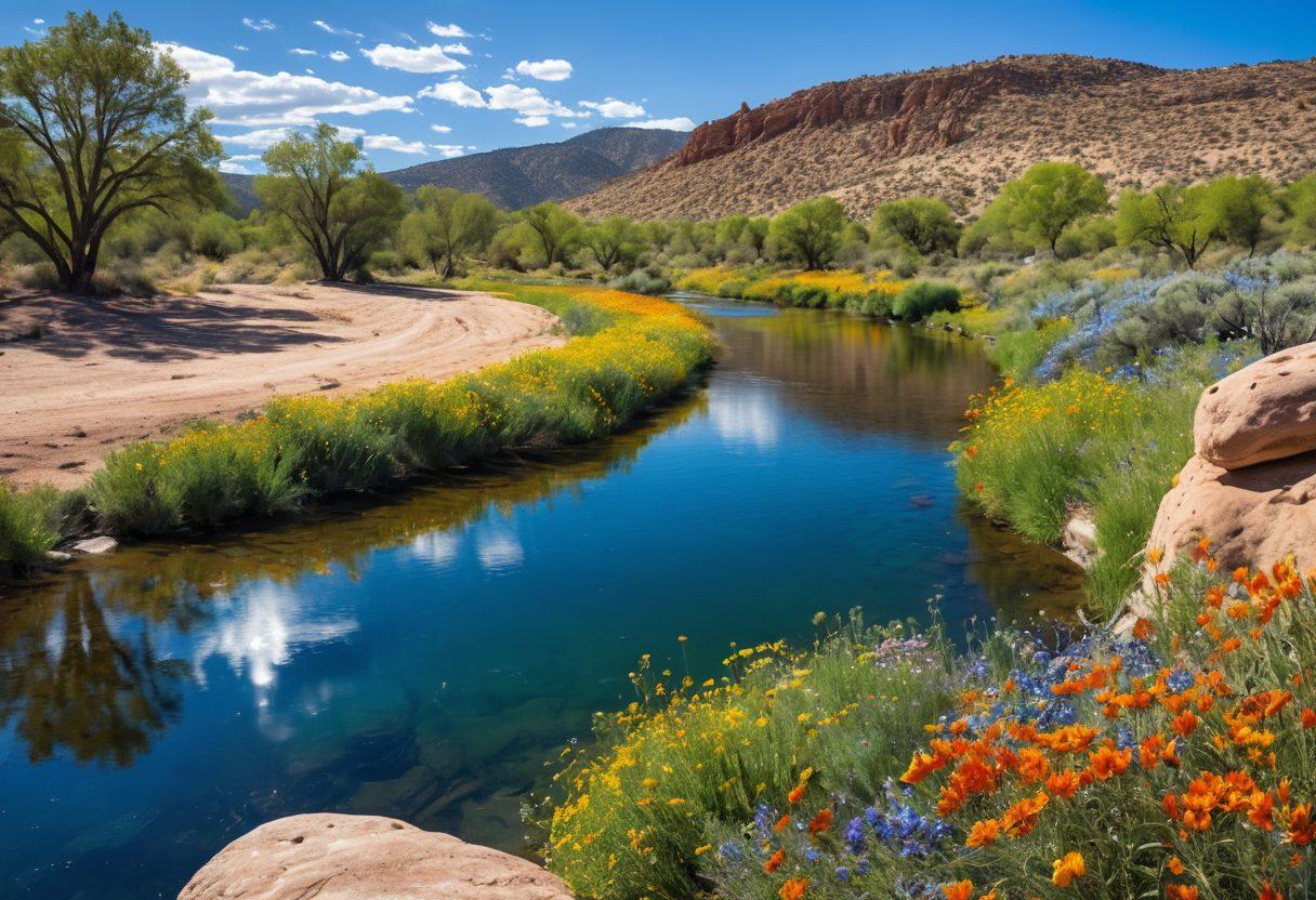 A serene landscape of New Mexico with clear blue skies and vibrant wildflowers showcasing sustainable water solutions, like solar-powered water purification systems beside a sparkling river. Include a diverse group of people collecting clean water in reusable containers, symbolizing community and eco-awareness. The scene should evoke a sense of hope and cleanliness, with elements of nature and technology intertwined. super-realistic. vibrant colors. bright sky.
