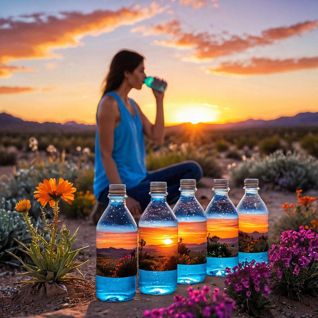 A serene desert landscape in New Mexico with a vibrant sunset as the backdrop. In the foreground, a collection of elegant, eco-friendly water bottles surrounded by wildflowers and clear water droplets. A cheerful person takes a refreshing sip, embodying joy and sustainability. Incorporate elements that highlight the premium quality of water and the beauty of nature. warm tones, super-realistic, vibrant colors.